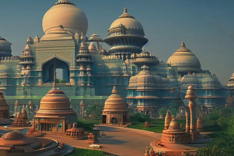 Image similar to beautiful futuristic new delhi, sci - fi ganesha!! building, kalighat flowers, octane highly detailed cinematic, stephen shore & john j. park, soft morning light, wide shot, aerial shot, uhd 8 k, shallow depth of field