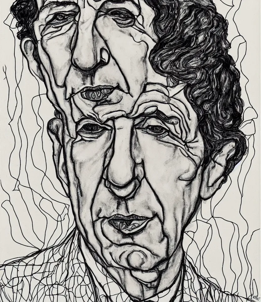 Image similar to line art portrait of leonard cohen inspired by egon schiele. contour lines, twirls and curves, musicality