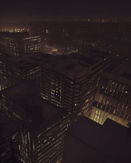 Image similar to a night rooftop scene by Liam Wong, close up shot of a photorealistic gangster wearing a trench coat looking at the city below, dark mood, octane render, unreal engine