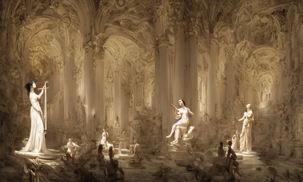 Prompt: a luminous fairytale of a beautiful realistic woman playing the harp in a baroque white marble cathedral. Neon light, masterpiece 4k digital illustration by Ruan Jia and Mandy Jurgens and Artgerm and William-Adolphe Bouguereau, award winning, Artstation, Gustave Dore' background, intricate details, realistic, panoramic view, volumetric lighting, Hyperdetailed, 8k resolution, intricate art nouveau, sharp focus, smooth, colorful, rendered in Unreal Engine 3