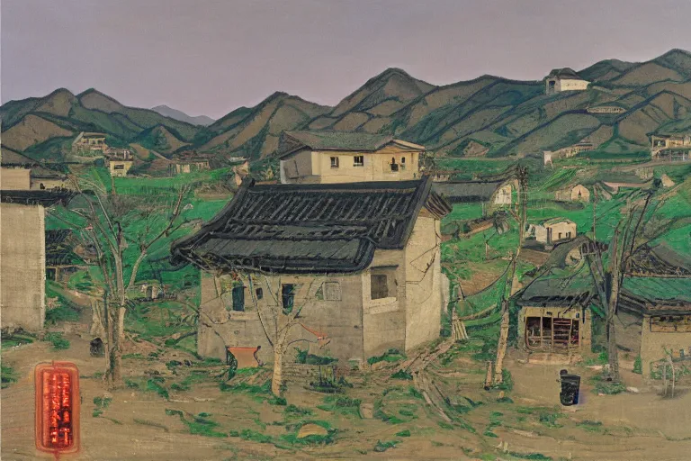 Prompt: landscape of rural village in china with neon lights by liu xiaodong and lucian freud, oil painting, stylized, clean, soft light