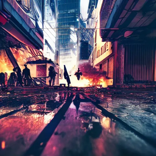 Prompt: photograph of a riot in a cyberpunk city street, first person view