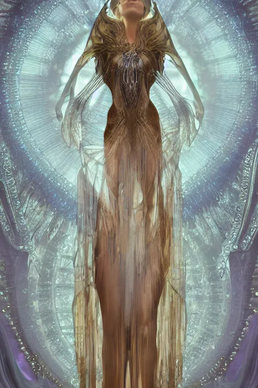 Prompt: a realistic moody photo of a beautiful ancient alien woman goddess kate moss angel standing in iris van herpen dress jewelery and fractals in style of alphonse mucha art nuvo dmt trending on artstation made in unreal engine 4