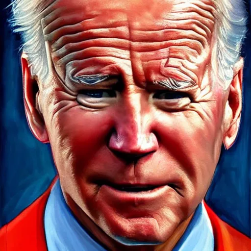 Prompt: Highly detailed close-up painting of President Joe Biden’s face, slight smirk, single tear rolling down his cheek, oil on canvas, painting by Chuck Close, based on photography by Steve McCurry, backlit