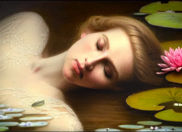 Image similar to 8K, soft light, warm volumetric lighting, highly detailed, brit marling style 3/4 ,view from above of close-up portrait photo of a beautiful woman how pre-Raphaelites painter, face is emerging of a pond with beautiful water lilies, she has a beautiful lace dress and hair are intricate with highly detailed realistic beautiful flowers , Realistic, Refined, Highly Detailed, natural outdoor soft pastel lighting colors scheme, faded colors, outdoor fine art photography, Hyper realistic, photo realistic,warm lighting,