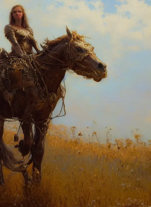 Image similar to portrait of one meadow metal horse by gaston bussiere, anna nikonova aka newmilky, greg rutkowski, yoji shinkawa, yoshitaka amano, tsutomu niehi, moebius, donato giancola, geoffroy thoorens, concept art, trending on artstation, featured on pixiv, cinematic composition, 8 k