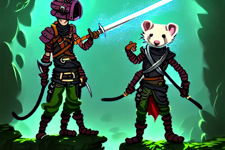 Prompt: A cute ferret-boy katar-fighter protagonist with chainmail reinforced clothing and a glowing weapon is exploring the grimdarkest dungeon depths. trending on Pixiv. trending on ArtStation. A vibrant digital oil painting. A highly detailed fantasy character illustration by Wayne Reynolds and Charles Monet and Gustave Dore and Carl Critchlow and Bram Sels | A concept of Melancholic Euphoric heartshine in the crush of oblivion.