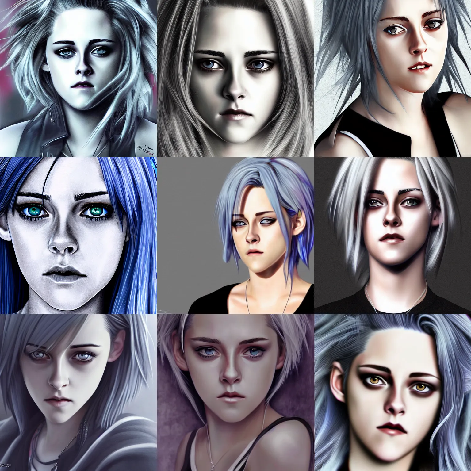 Prompt: Anime portrait of Kristen Stewart with silver hair, detailed, photorealistic digital art