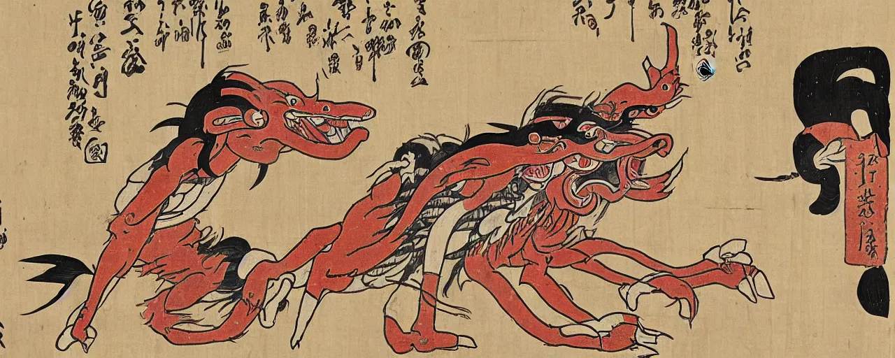 Image similar to an ancient papyrus depicting an infography of a japanese folklore demon, okami, ukiyo - e style