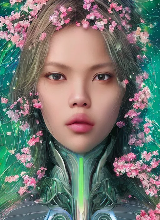 Image similar to portrait of Lalisa Manobal as a Celestial Goddess of a futuristic princess, inside future fighter, sci-fi, fantasy, intricate, lush garden spaceship with sakura season flowers, elegant, human anatomy, royal green and nature light, highly detailed, digital painting, artstation, concept art, smooth, sharp focus, illustration, art by tian zi and WLOP and alphonse mucha, masterpiece, 3d blender