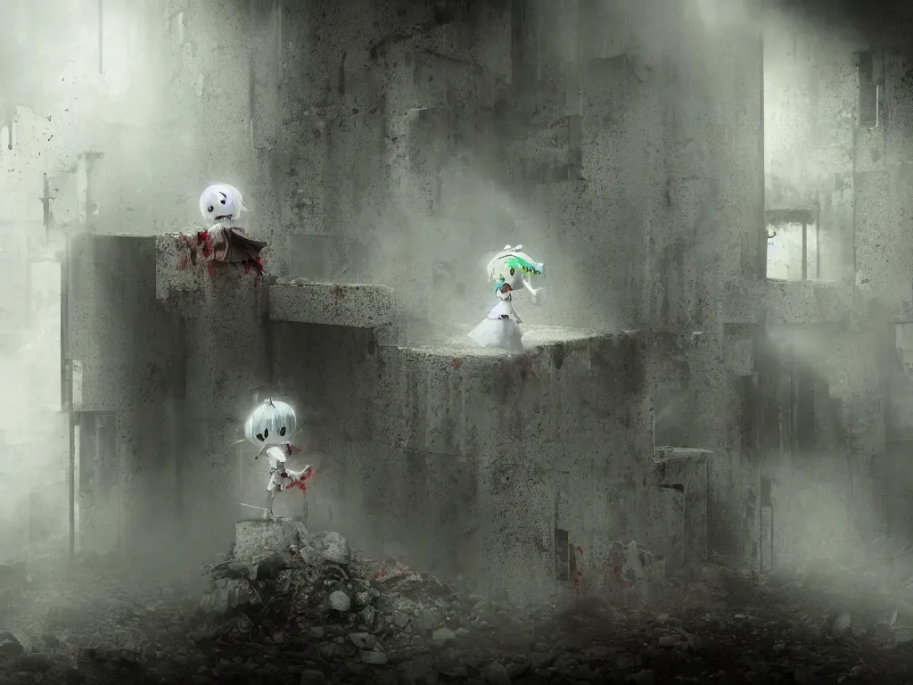 Image similar to cute fumo plush girl ghost lingering in a mysterious concrete wartorn brutalist ruin infected by floating spores of red parasitic fungus, chibi gothic maiden in tattered rags, dramatic three point lighting, glowing wisps of hazy green smoke and eerie volumetric fog swirling about, vray