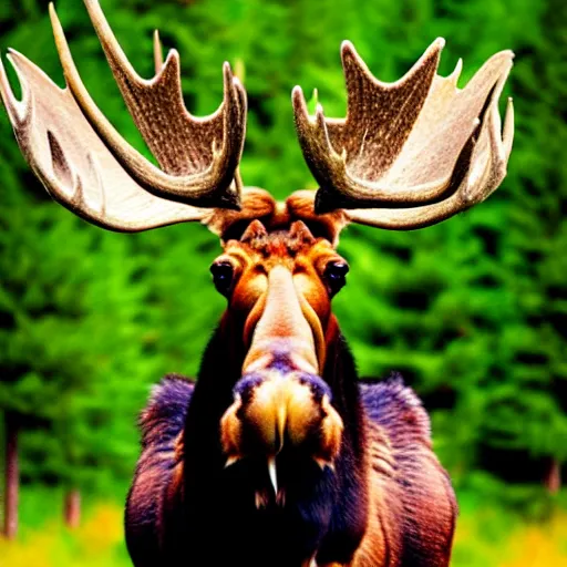 Prompt: a moose has thousands of apples and is very happy about it. it has a extremely happy facial expression. photograph