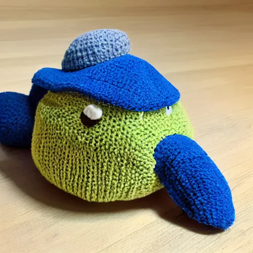 Prompt: a closeup photorealistic smiling knitted plush turtle wearing a fedora hat.