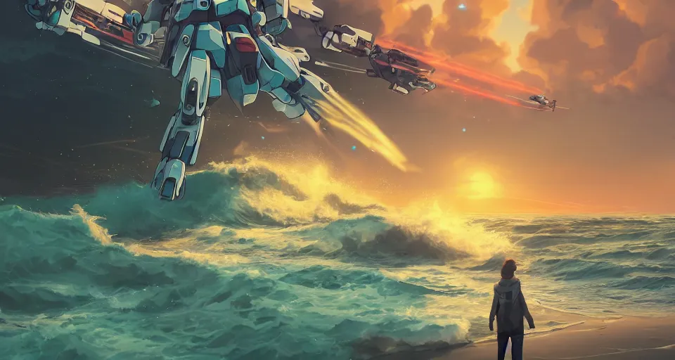 Prompt: A serene coast with a GIANT MECHA GUNDAM, wizard, bright sunny waves splashing on the beach, rendered by Simon Stålenhag, rendered by Beeple, Makoto Shinkai, syd meade, environment concept, digital art, Gundam style, Star Wars, unreal engine, 3 point perspective, WLOP, trending on Artstation, low level, 4K UHD image, octane render, DALL-E 2