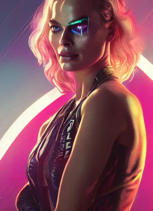 Prompt: portrait of Margot Robbie as a character in arabian Cyberpunk 2077, looking at camera, intricate, dystopian, sci-fi, extremely detailed, digital painting, artstation, concept art, smooth, sharp focus, illustration, intimidating lighting, incredible art by artgerm and greg rutkowski and alphonse mucha and simon stalenhag