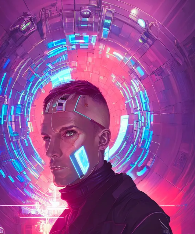 Image similar to a portrait of a male cyberpunk netrunner wearing a hadron collider, fantasy, elegant, digital painting, artstation, concept art, matte, sharp focus, illustration, art by josan gonzalez