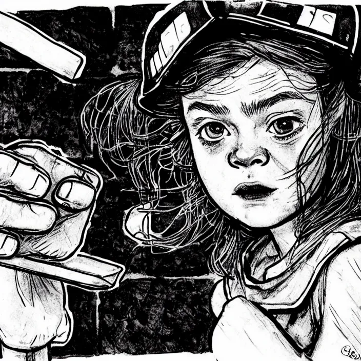 Prompt: extreme close - up on sadie sink as a miner : she lifts a slice of bread with her hand, looks at it. background : black tiles!! on walls. black and white, pencil and ink. by gabriel hardman, joe alves, chris bonura. cinematic atmosphere, detailed and intricate, perfect anatomy