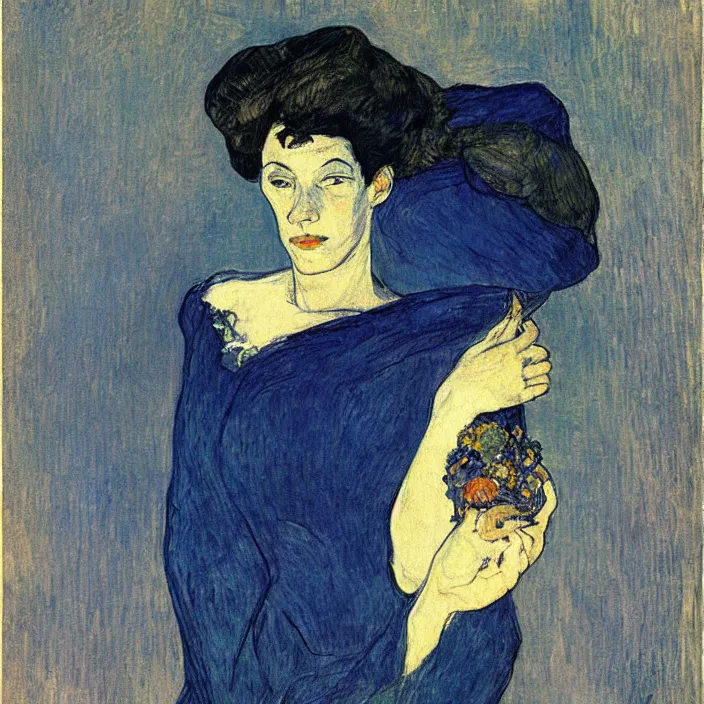 Image similar to portrait of a woman with iris. indigo blue. henri de toulouse - lautrec, egon schiele