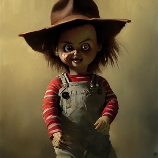 Prompt: the doll chucky playing this role of indiana jones, oil painting, by greg rutkowski