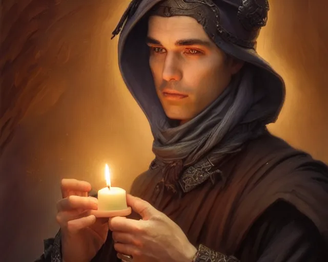 Prompt: a mind - blowing portrait of a fortune seeker male, clean shaven, holding a candle holder, wearing dark maritime clothing, long night cap, deep focus, d & d, fantasy, intricate, elegant, highly detailed, digital painting, artstation, concept art, matte, sharp, illustration, hearthstone, art by artgerm and greg rutkowski and alphonse mucha