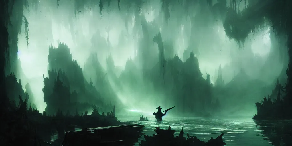 Image similar to magical subterranean river styx, a man in a cape on a boat with a sword, ethereal swirling green mist, dramatic lighting, magical atmosphere,, gothic illustration, greg rutkowski, andreas rocha, ashley wood, soft edges, low detail, trending on artstation