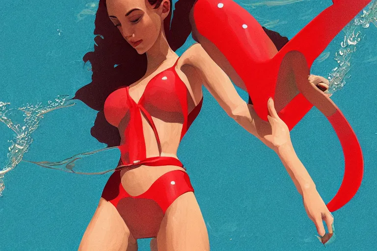 Prompt: fishes swim around woman in red swimsuit, highly detailed, smooth, sharp focus, concept art, illustration, beautiful, geometric, trending on artstation, cinematic, artwork by Swanland, Raymond