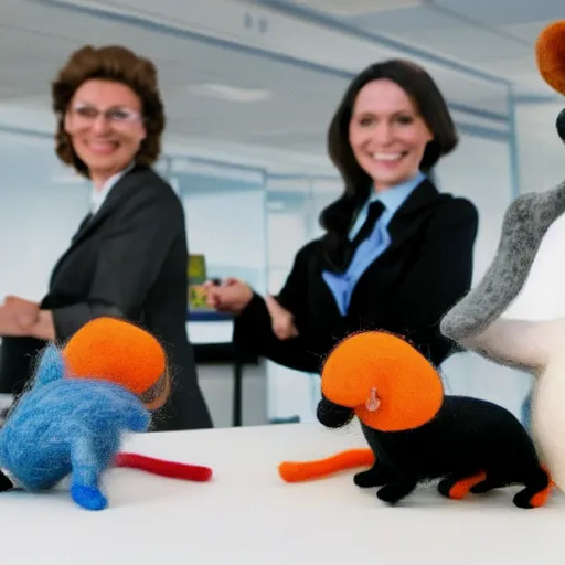 Image similar to a happy accounting firm staffed by different types of hyper-realistic felted toy mice, with a xerox machine, computers, kitchenette and conferenceroom, with a small black woolly terrier dog as the manager, colourful, playful, miniature