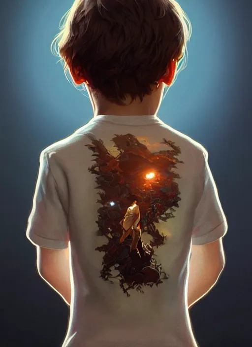 Image similar to perfectly - portrait of a boy wearing shirt from behind, backlighting, intricate, highly detailed, digital painting, artstation, concept art, smooth, sharp focus, illustration, unreal engine 5, 8 k, art by artgerm and greg rutkowski and alphonse mucha