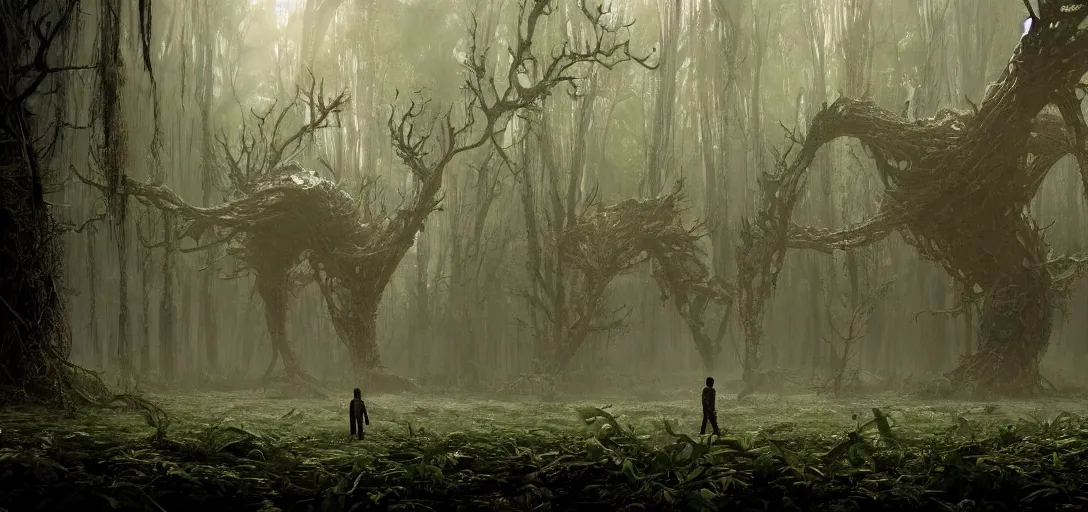 Image similar to a complex organic fractal 3 d metallic symbiotic ceramic humanoid megastructure creature in a swampy lush forest, foggy, cinematic shot, photo still from movie by denis villeneuve, wayne barlowe