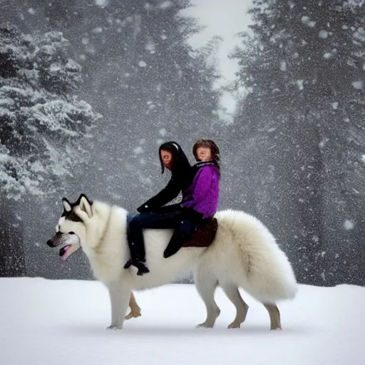 Prompt: girl riding a giant husky in the park, snow, trending on artstation