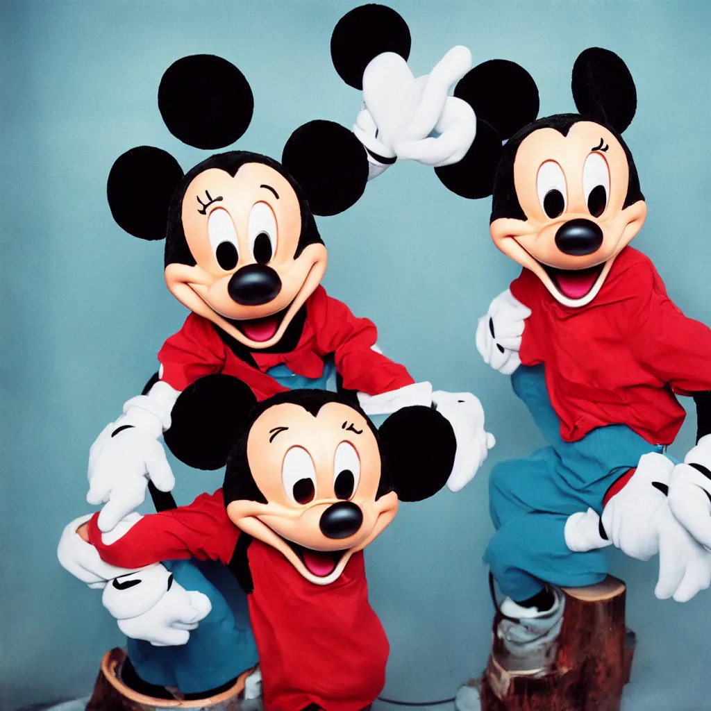 Prompt: a studio portrait photograph of a non binary mickey mouse ektachrome