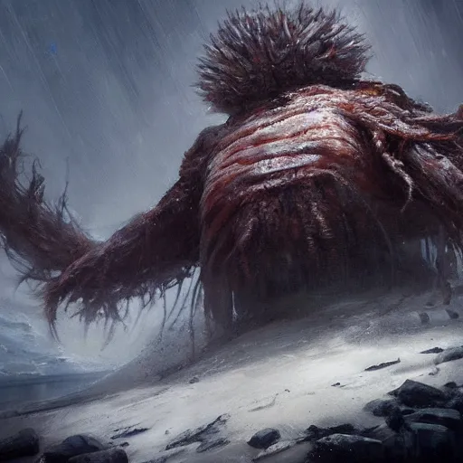 Image similar to elder thing, antarctica, dramatic lighting, painted by raymond swanland, painted by greg rutkowski, painted by jeremy mann, painted by artgerm, painted by igor kieryluk, trending on artstation