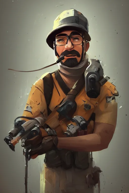 Prompt: beautiful highly detailed realistic stylized character portrait team fortress 2 engineer, detailed character art master portrait by ismail inceoglu, trending on artstation