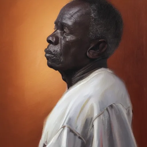 Prompt: a painting of a elder man by Lynette Yiadom-Boakye . dramatic angle, details, smooth, sharp focus, illustration, realistic, cinematic, artstation, award winning, rgb , unreal engine, octane render, cinematic light, macro, depth of field, blur, red light and clouds from the back, highly detailed epic cinematic concept art CG render made in Maya, Blender and Photoshop, octane render, excellent composition, dynamic dramatic cinematic lighting, aesthetic, very inspirational, arthouse.