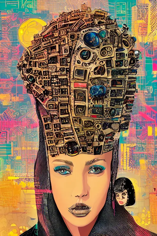 Image similar to cypherpunk fashion illustration, television head, city background, full body, abstract portrait, ultra detailed, fine detail