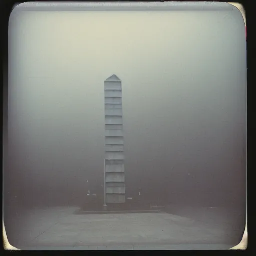 Image similar to a towering concrete wall thay reaches into the sky with small street lamps in front of it, foggy, night, dark, old polaroid, expired film, megalophobia,