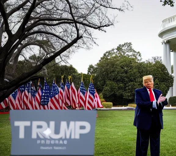 Prompt: donald trump without makeup at press conference white house lawn, AP news photo, XF IQ4, 150MP, 50mm, F1.4, ISO 200, 1/160s, natural light