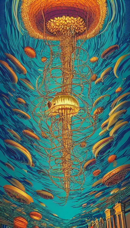 Image similar to The land of the jellyfish, italian futurism, Dan Mumford, da vinci, Josan Gonzalez