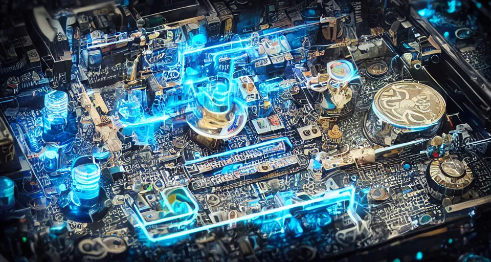 Prompt: product photography framing within an artificer's keep. digital paint krita render of a small square fantasy vacuum - tube motherboard made and powered by crystalline circuitry. trending on artstation. premium print by angus mckie