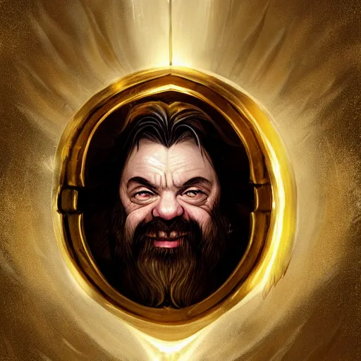 Image similar to symmetrical portrait of a happy dwarf showing off the humongous sparkling gold nugget, realistic, beautiful, fantasy art, dnd, lord of the rings, style of charlie bowater, concept art, sharp focus, ray tracing