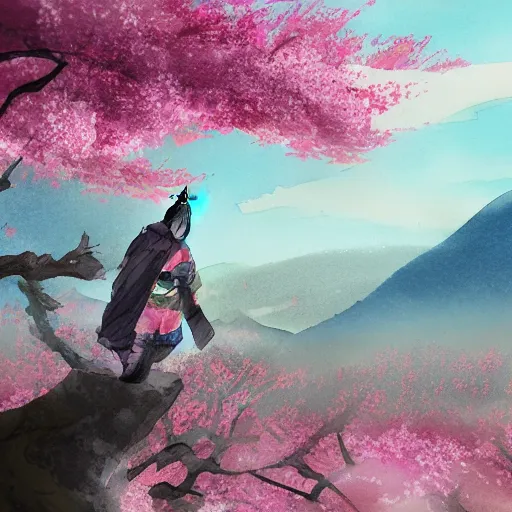 Prompt: A lone samurai watching over a valley of cherry blossom trees, decayed, water color painting, concept art, HD —H 1024