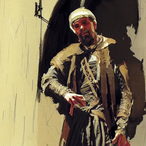 Prompt: portrait of a man wearing medieval clothes reciting poetry, detailed by greg manchess, craig mullins, bernie fuchs, walter everett