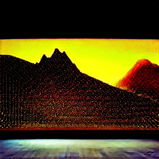 Image similar to a mountain made out of computer screens that display bitcoin logos, cinematic, post apocalyptic landscape, harsh contrast lighting, in the style of photorealism, made by richard estes robert cottingham gerhard richter robert longo ellen altfest