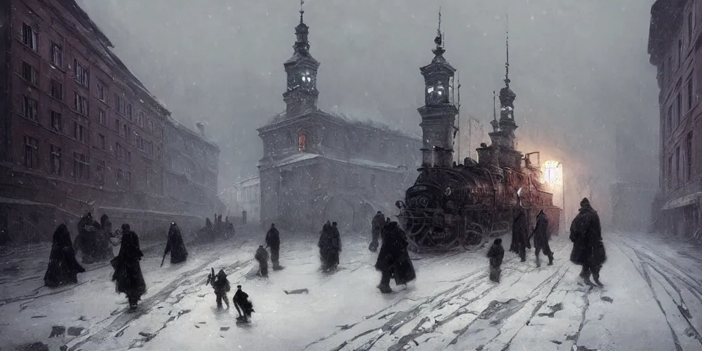 Prompt: snowpiercer travels through the icy city of warsaw, poland. frostpunk by greg rutkowski, gustave courbet, rosa bonheur, edward hopper. faithfully depicted architecture, realistic, sharp focus, global illumination, radiant light, detailed and intricate environment, trending on artstation