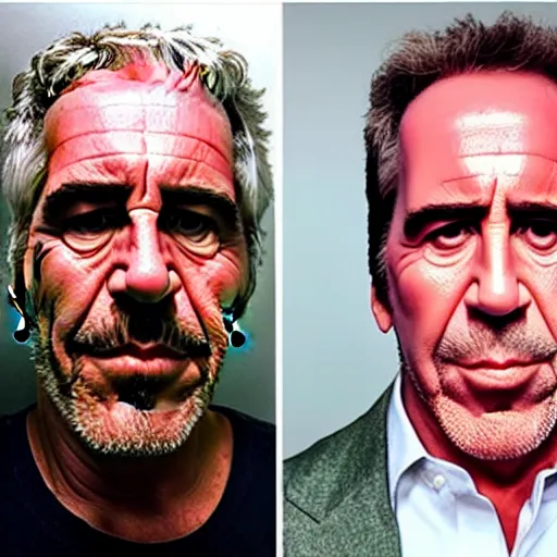 Image similar to Jeffery Epstein peels off his face to reveal Nicholas Cage