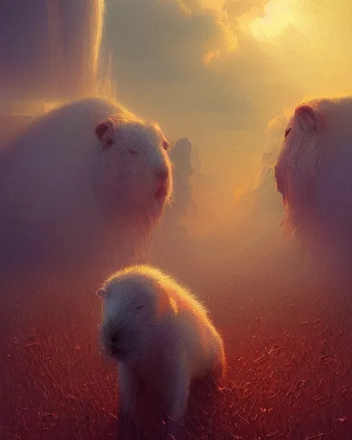 Prompt: lovecraftian white capybara, surreal photography, sunrise dramatic light, impressionist painting, digital painting, artstation, kilian eng, john harris, bastien lecouffe - deharme, simon stalenhag, flower face