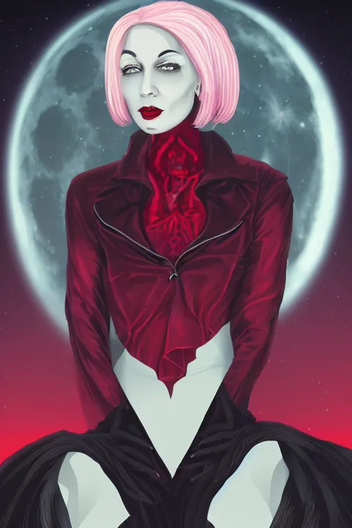 Image similar to central close-up portrait of a mature dark witch in front of the full big moon, sinister atmosphere, red background, vector graphic, detailed, full HD, 4k, 8k, 1080p