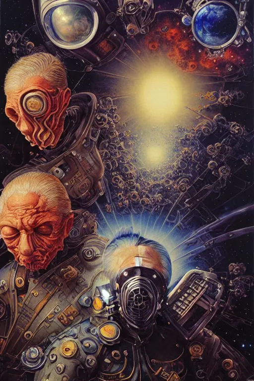 Prompt: two skinny old people wearing gas masks in a space apocalypse, Ayami Kojima, Karol Bak, Greg Hildebrandt, mark brooks, hauntingly surreal, highly detailed painting by Katsuhiro Otomo, part by Adrian Ghenie, part by Gerhard Richter, Soft light 4K,