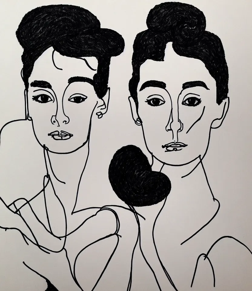 Image similar to elegant line art portrait of audrey hepburn, inspired by egon schiele. contour lines, graphic musicality, twirls, curls, curves, strong confident personality