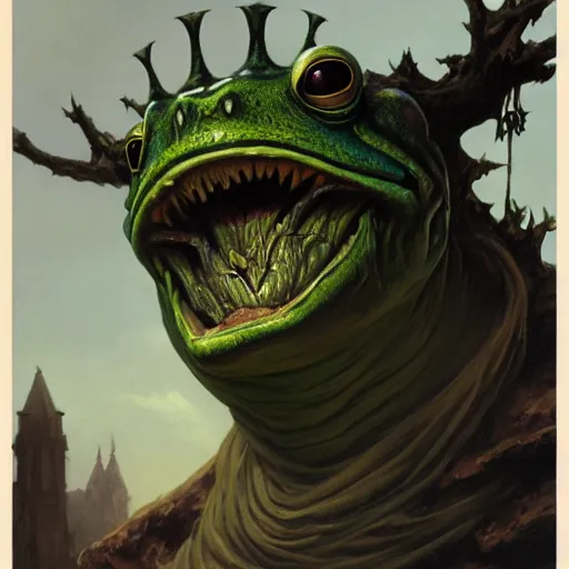 Prompt: head and shoulders portrait of a slaad anthropomorphic frog monster, d & d, fantasy, greg rutkowski, frank frazetta, alexandre chaudret, boris vallejo, michael whelan, miro petrov, hr giger, magali villeneuve, donato giancola